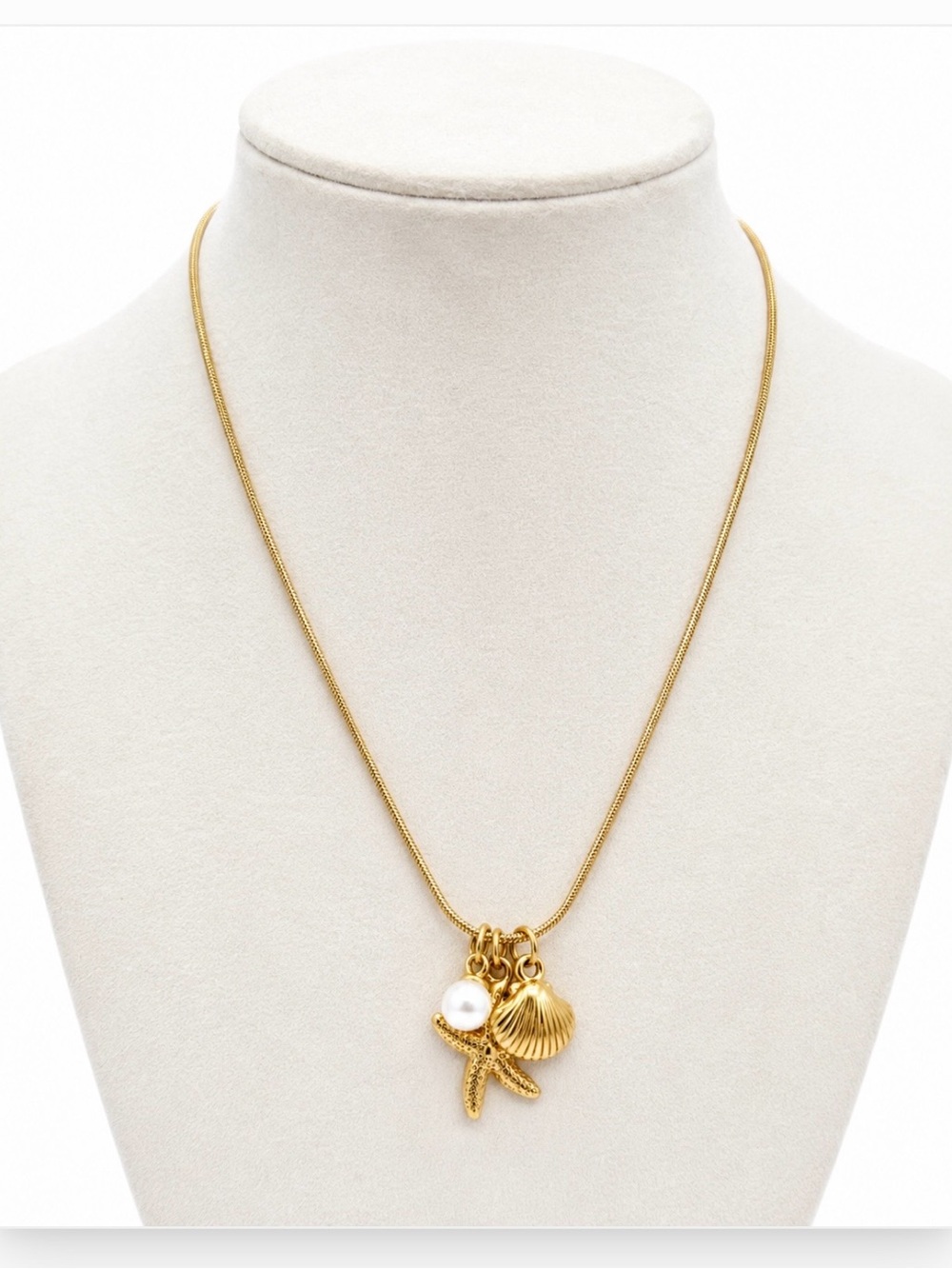 18K Gold Plated Snake Chain Necklace Starfish Seashell Faux Pearl Coastal NWT